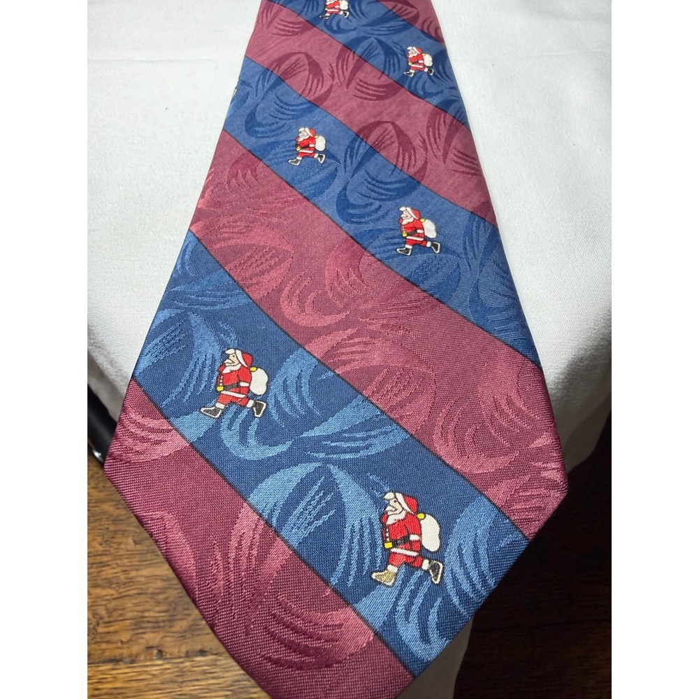 Christmas Santa Claus Holiday Tie Burgundy Blue Striped Mens Necktie